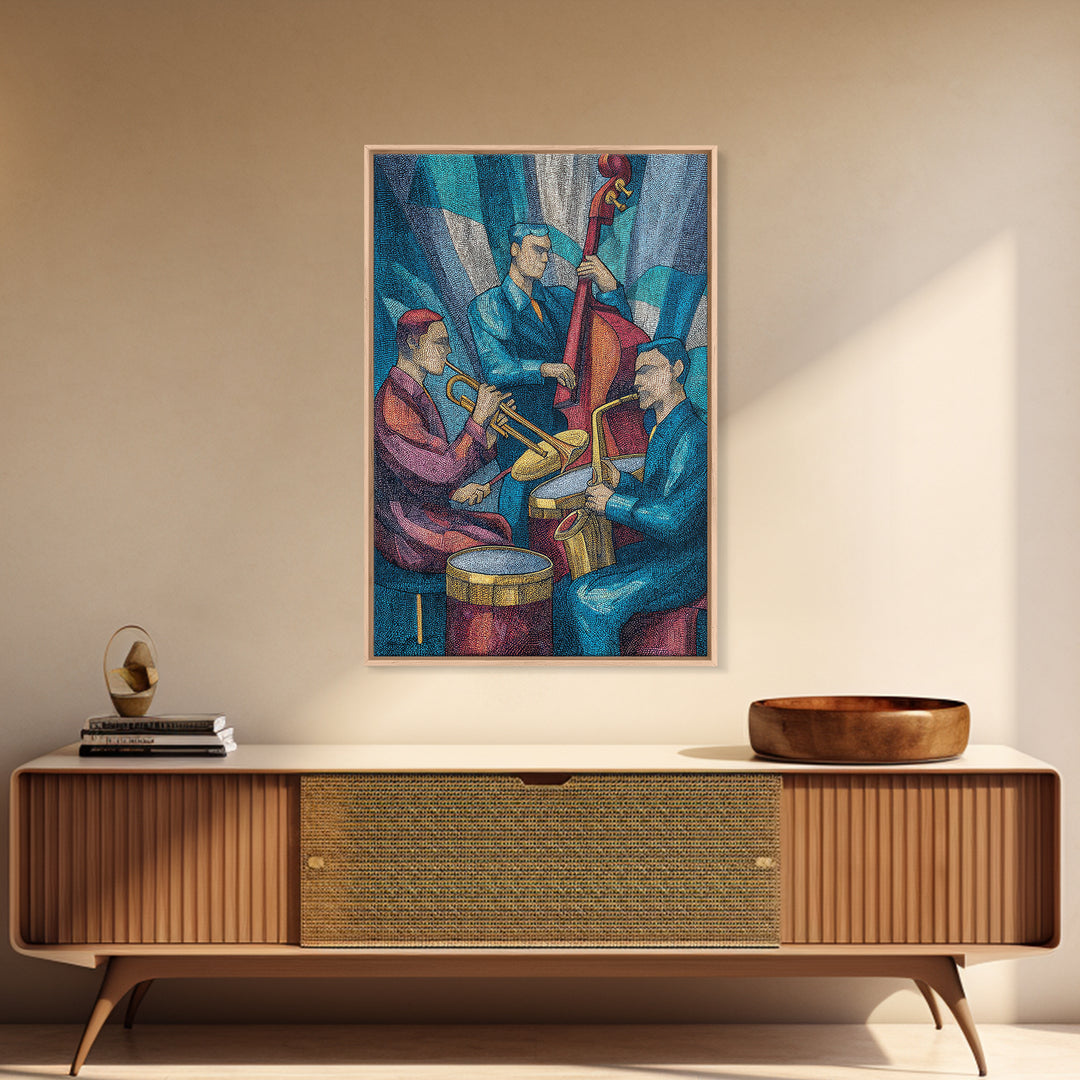 Colorful Jazz Band Trumpet Bass Drums Framed Canvas Print, Midcentury Modern Wall Art, Music Room Decor, Retro Poster Gift