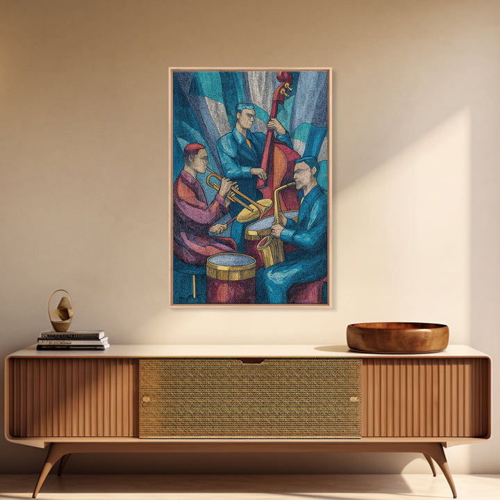 Colorful Jazz Band Trumpet Bass Drums Framed Canvas Print, Midcentury Modern Wall Art, Music Room Decor, Retro Poster Gift