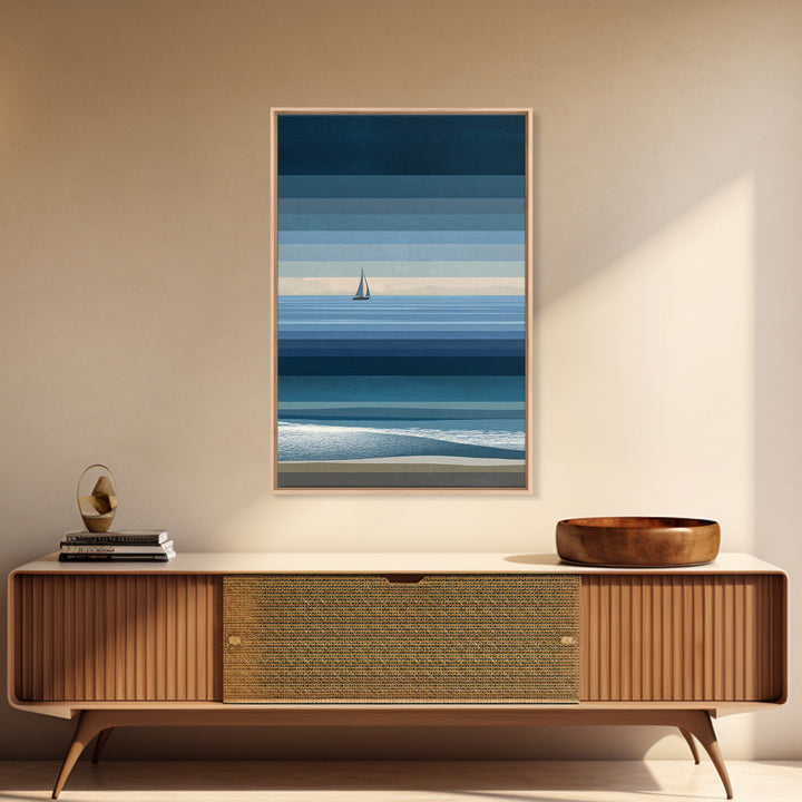 Minimal Blue Sailboat Seascape Wall Art, Coastal Landscape Art Print, Modern Wall Decor, Calm Ocean Nautical Home Decor Gift