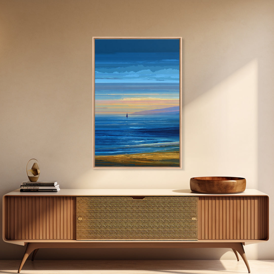 Blue Coastal Sunset Sailboat Framed Canvas Print, Ocean Beach Wall Art, Modern Landscape Art, Nautical Living Room Decor