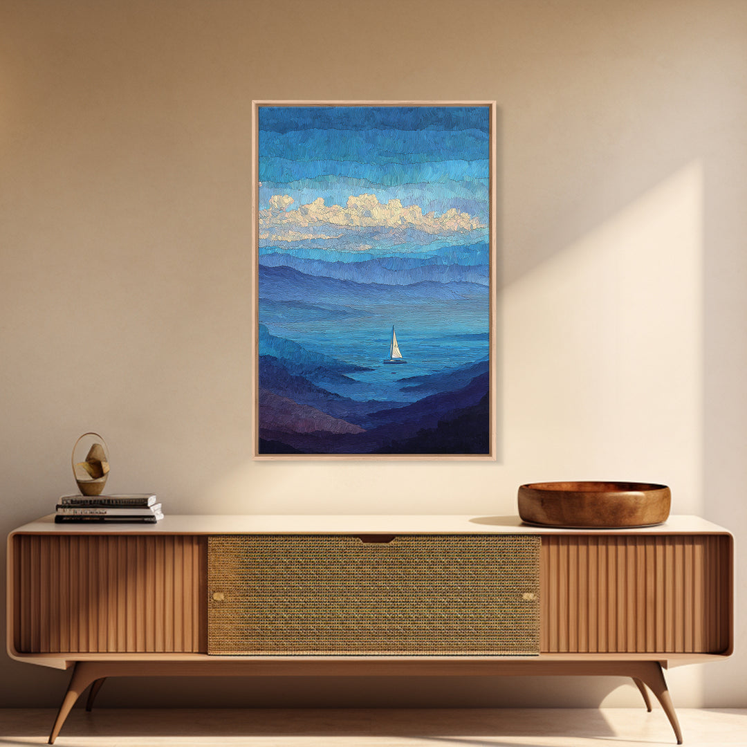 Textured Blue Mountain Lake Sailboat Wall Art, Scenic Coastal Landscape Print, Modern Home Decor, Peaceful Nature Artwork