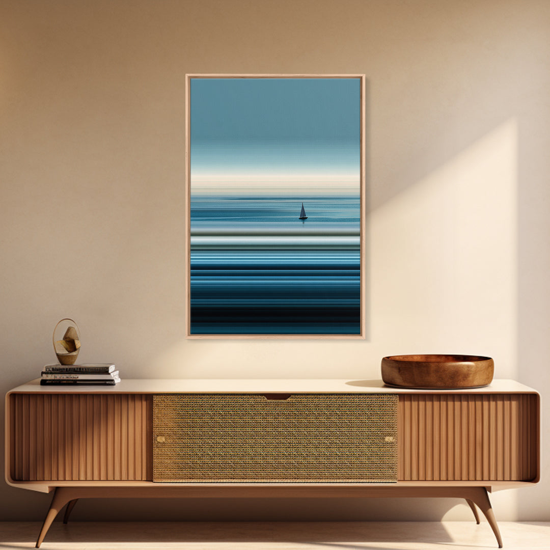 Minimalist Calm Sea Sailboat Canvas Print, Blue Horizontal Ocean Wall Art, Modern Coastal Decor, Serene Home Office Art Print