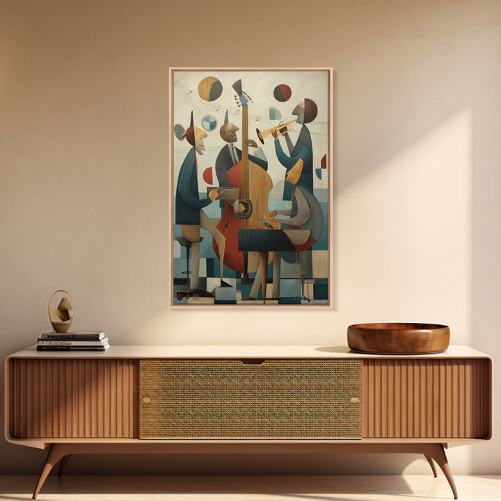 Cubist Jazz Trio With Upright Bass And Trumpet Wall Art, Midcentury Modern Art Print, Music Room Decor, Framed Canvas Print