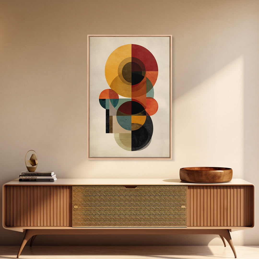 Ochre Red Teal Circle Abstract Framed Canvas Print, Midcentury Modern Wall Art, Geometric Bauhaus Home Decor Poster Print Gift