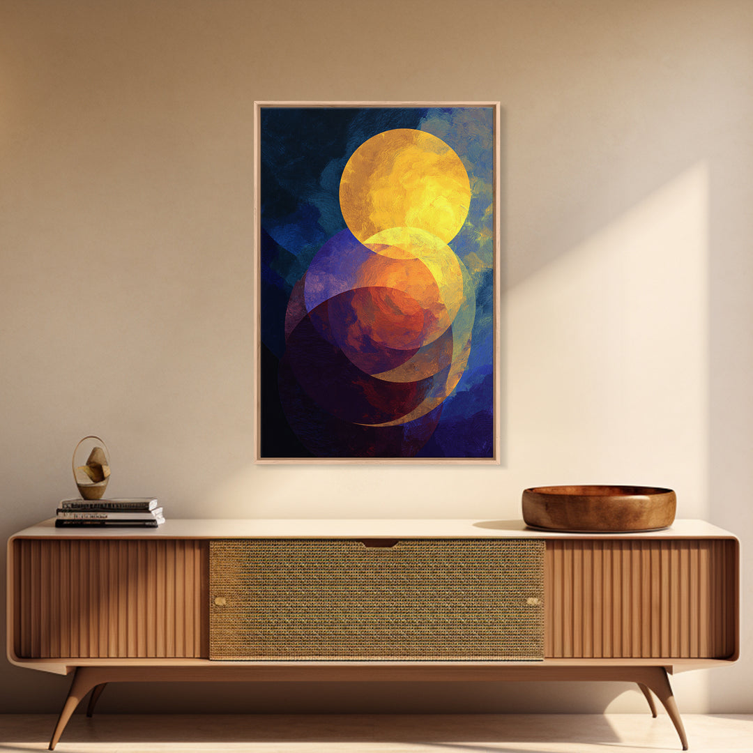 Golden Celestial Circles Abstract Wall Art, Midcentury Modern Art Print, Retro Geometric Decor, Blue Orange MCM Home Decor