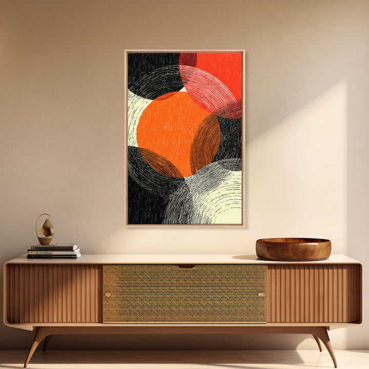 Orange Red Linear Circles Canvas Print, Midcentury Abstract Art, Retro Geometric Wall Decor, Bold Modern MCM Poster, Home Decor
