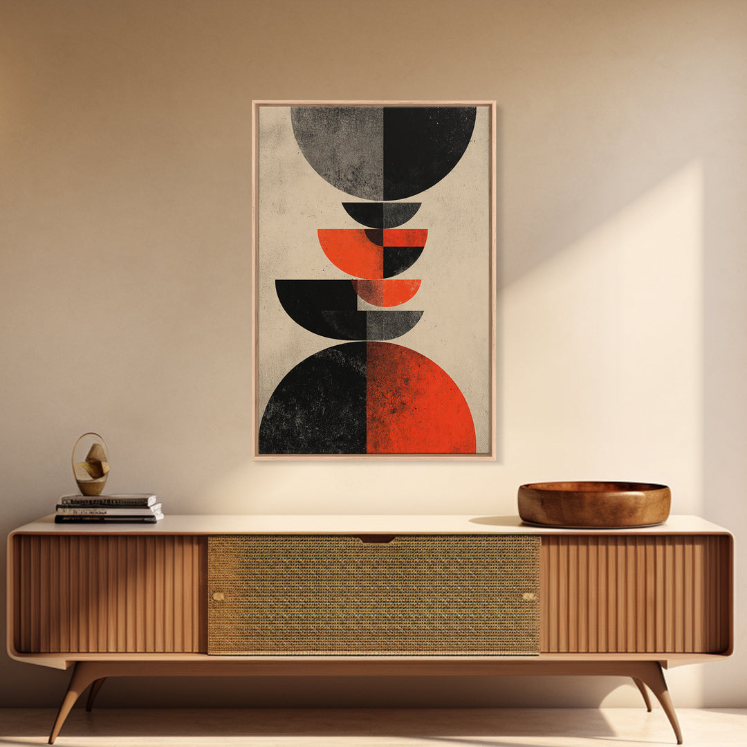 Stacked Red Black Semicircle Canvas Print, Midcentury Modern Abstract Art, Geometric Bauhaus Poster, Minimalist Decor For Living Room