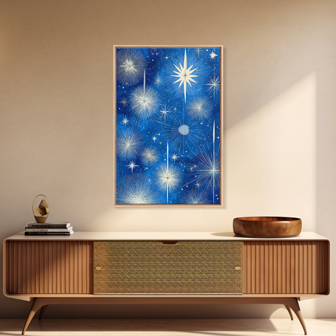 Blue Atomic Starburst Sky Wall Art, Midcentury Modern Celestial Print, Retro Space Poster, Minimalist MCM Home Decor, Blue And White