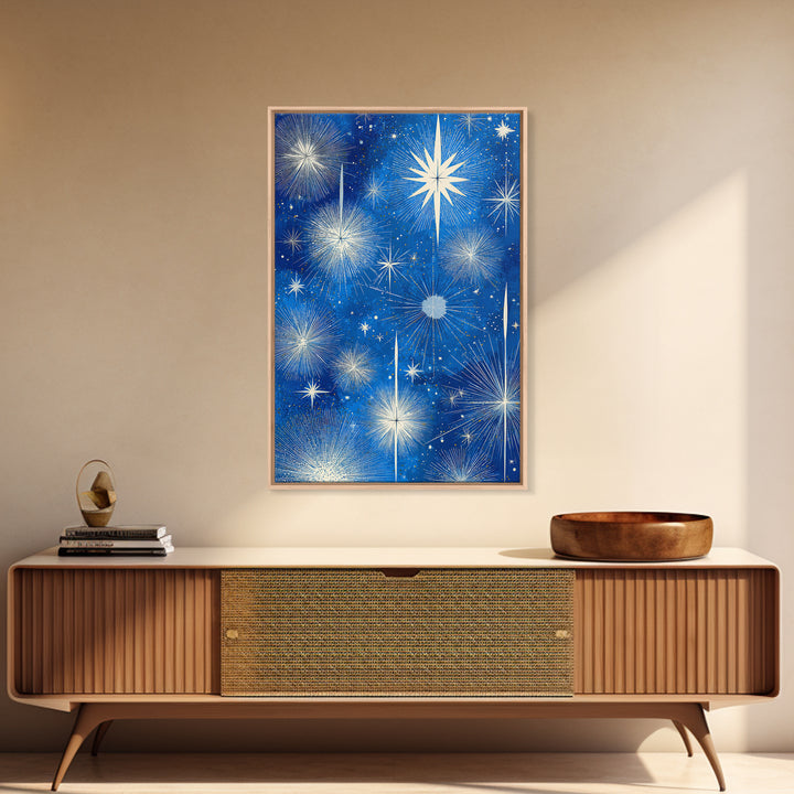 Blue Atomic Starburst Sky Wall Art, Midcentury Modern Celestial Print, Retro Space Poster, Minimalist MCM Home Decor, Blue And White