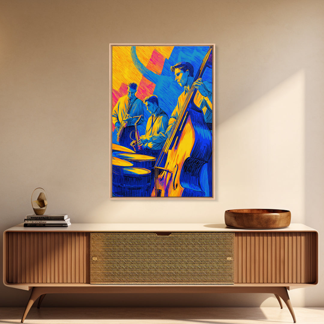 Neon Blue Yellow Jazz Trio Canvas Print, Bold Modern Wall Art, Colorful Music Poster, Midcentury Decor, Large Art Print Gift