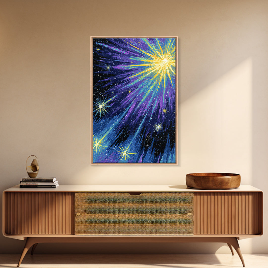 Radiant Comet Starburst Night Sky Framed Canvas Print, Cosmic Retro Wall Art, Space Abstract Art, Modern Home Decor, Gallery Wall Art