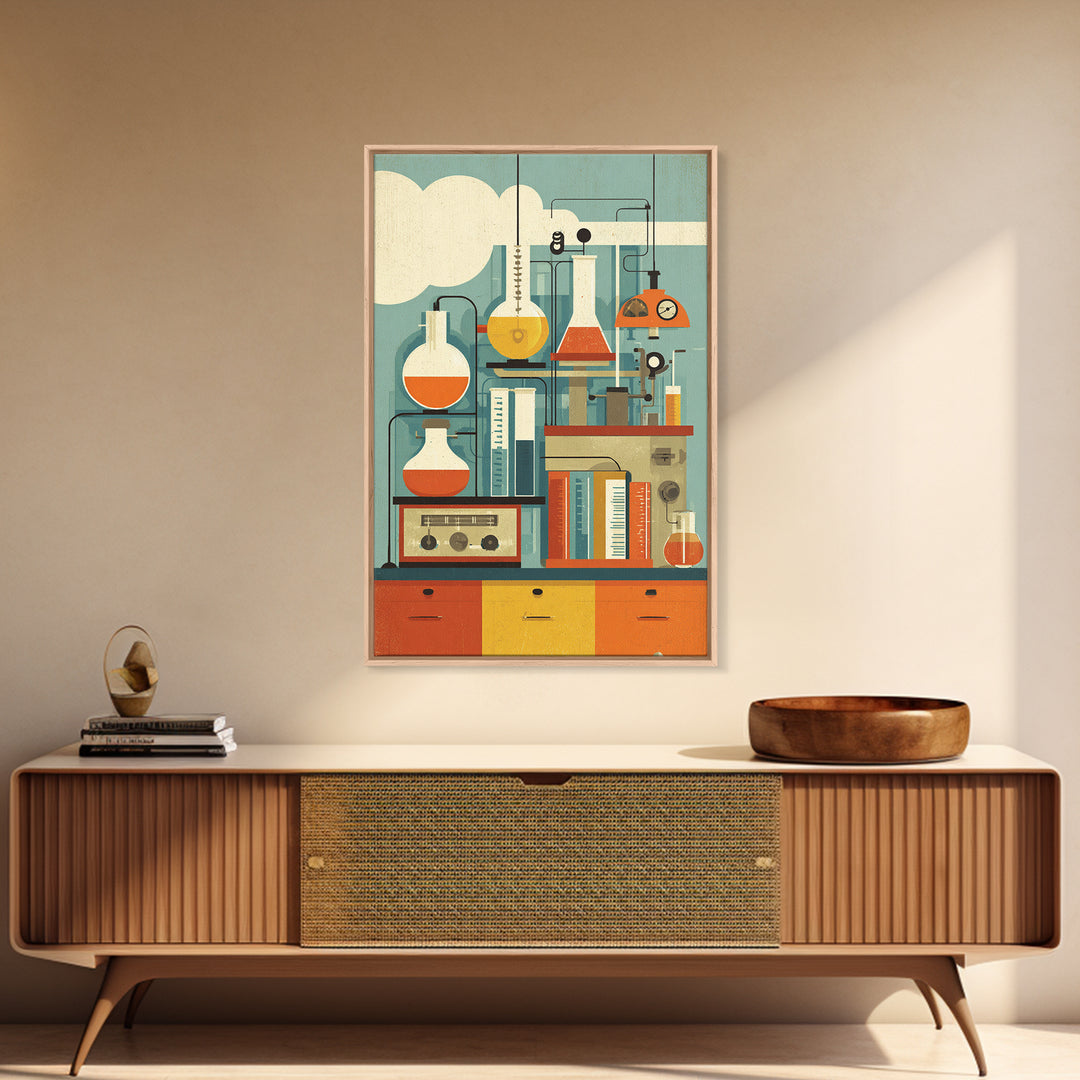 Midcentury Science Lab Beakers Canvas Print, Retro Chemistry Wall Art, Atomic Modern Decor, Office Poster, Orange MCM Art