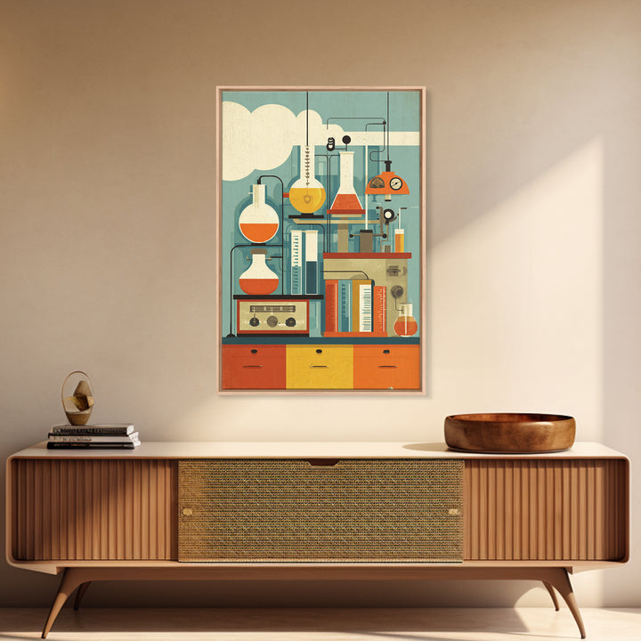Midcentury Science Lab Beakers Canvas Print, Retro Chemistry Wall Art, Atomic Modern Decor, Office Poster, Orange MCM Art