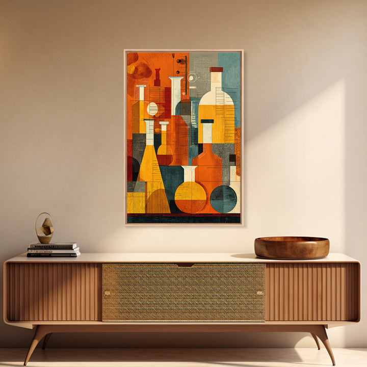 Abstract Chemistry Bottles Wall Art, Midcentury Modern Canvas Print, Atomic Science Poster, Orange Teal Office Decor, MCM Decor