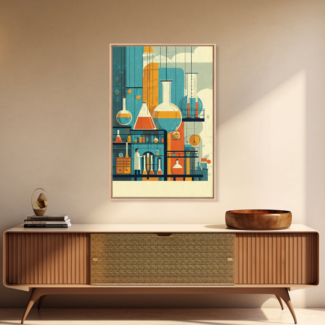 Towering Science Lab Glassware Wall Art, Midcentury Modern Canvas Print, Retro Chemistry Poster, Atomic Office Decor, MCM Art