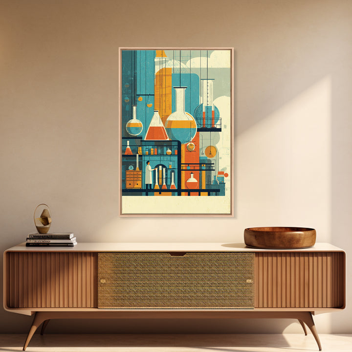 Towering Science Lab Glassware Wall Art, Midcentury Modern Canvas Print, Retro Chemistry Poster, Atomic Office Decor, MCM Art