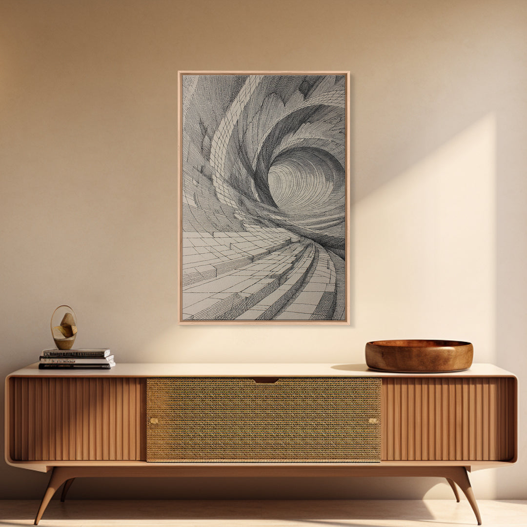 Architectural Tunnel Perspective Canvas Print, Modern Abstract Wall Art, Black Beige Geometric Lines, Office Decor Gift Print
