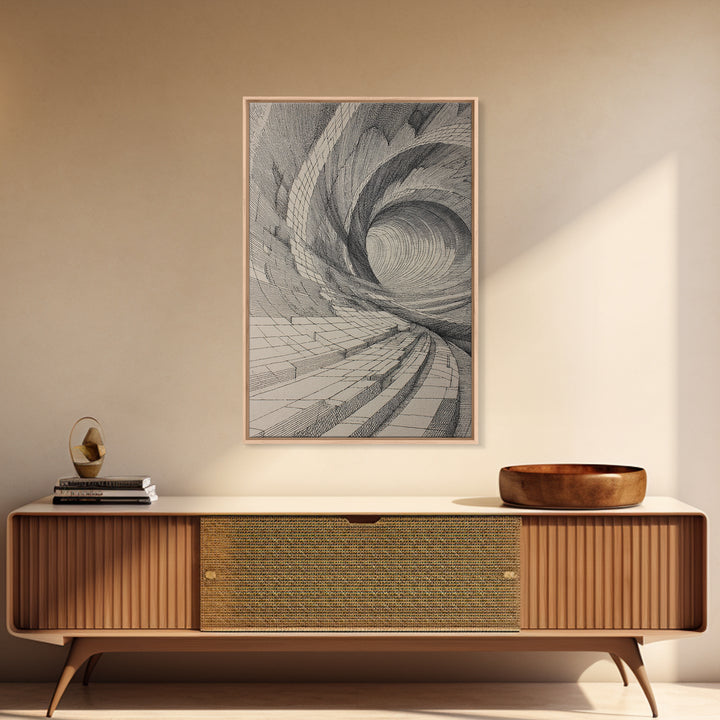 Architectural Tunnel Perspective Canvas Print, Modern Abstract Wall Art, Black Beige Geometric Lines, Office Decor Gift Print