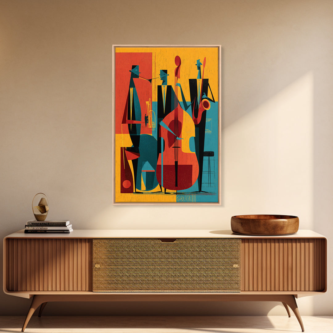 Retro Abstract Jazz Band With Bass And Saxophone Wall Art, Midcentury Modern Poster, Orange Teal Decor, Framed Canvas Print