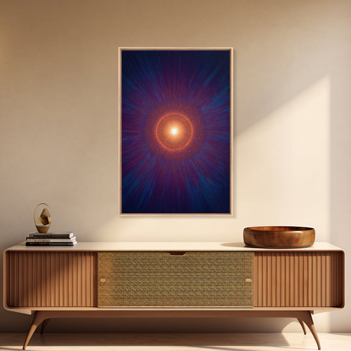 Radiant Orange Cosmic Halo With Blue Purple Rays Wall Art, Midcentury Modern Art, Abstract Space Poster, Mcm Wall Decor Print