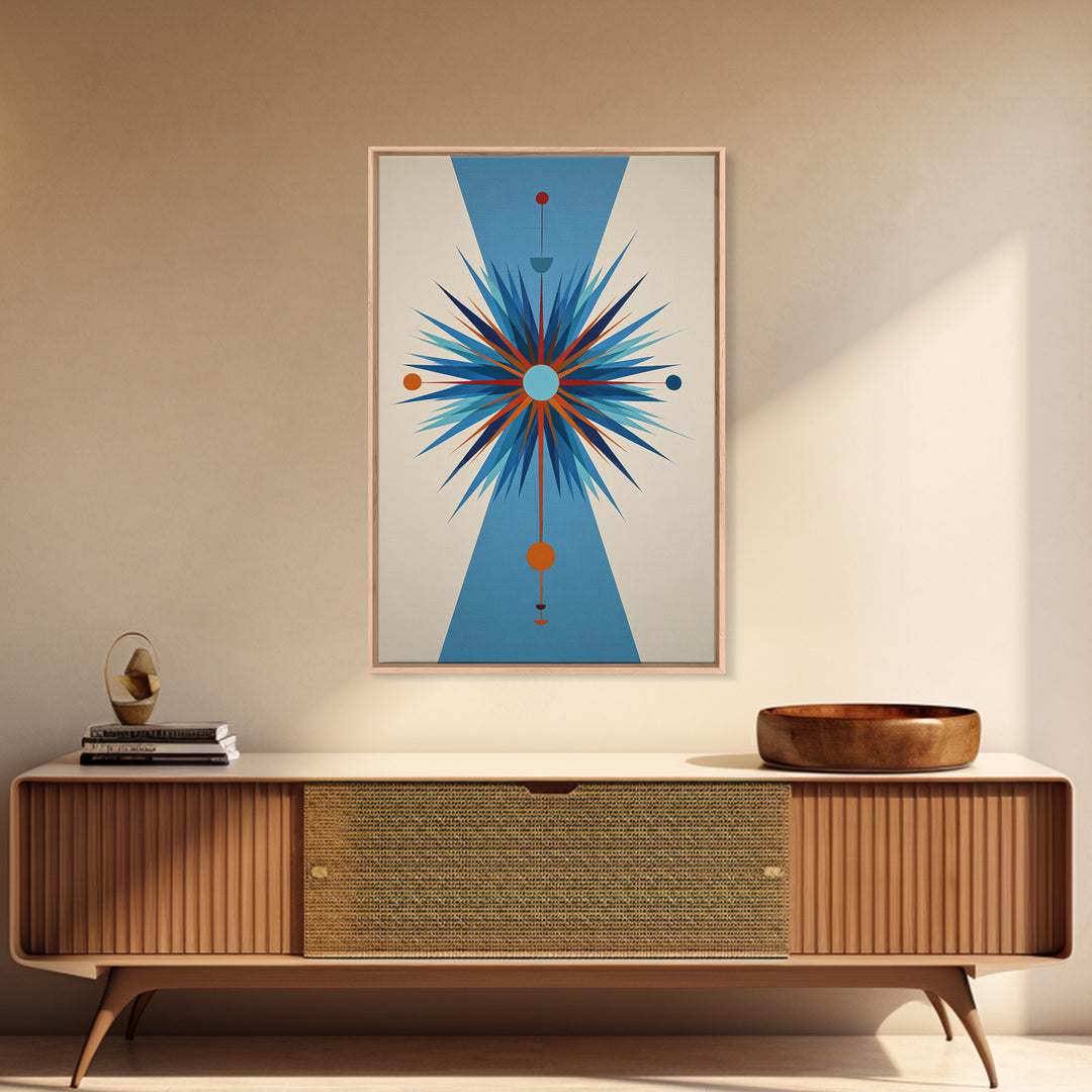 Blue Orange Atomic Starburst On Beige Canvas Print, Midcentury Modern Art, Geometric Wall Art, Retro Mcm Home Decor, 50s Art Print