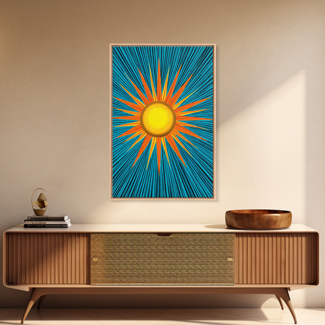 Bright Yellow Sunburst With Turquoise Rays Wall Art, Midcentury Sun, Modern Abstract Art, Retro Pop Art Poster Print, Living Room Decor