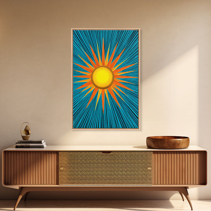 Bright Yellow Sunburst With Turquoise Rays Wall Art, Midcentury Sun, Modern Abstract Art, Retro Pop Art Poster Print, Living Room Decor