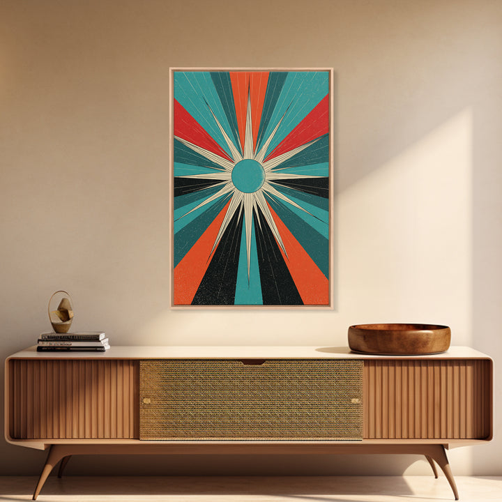 Teal Orange Retro Compass Starburst Framed Canvas Print, Midcentury Wall Art, Geometric Abstract, Atomic Mcm Wall Decor Print