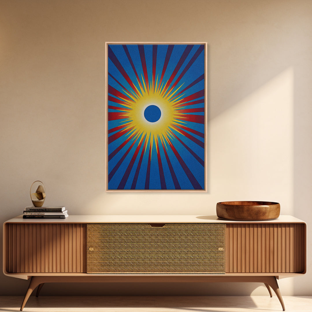 Blue Eclipse Sun With Yellow Burst Wall Art, Midcentury Modern, Space Abstract Art, Retro Poster, Bold Mcm Wall Decor Print