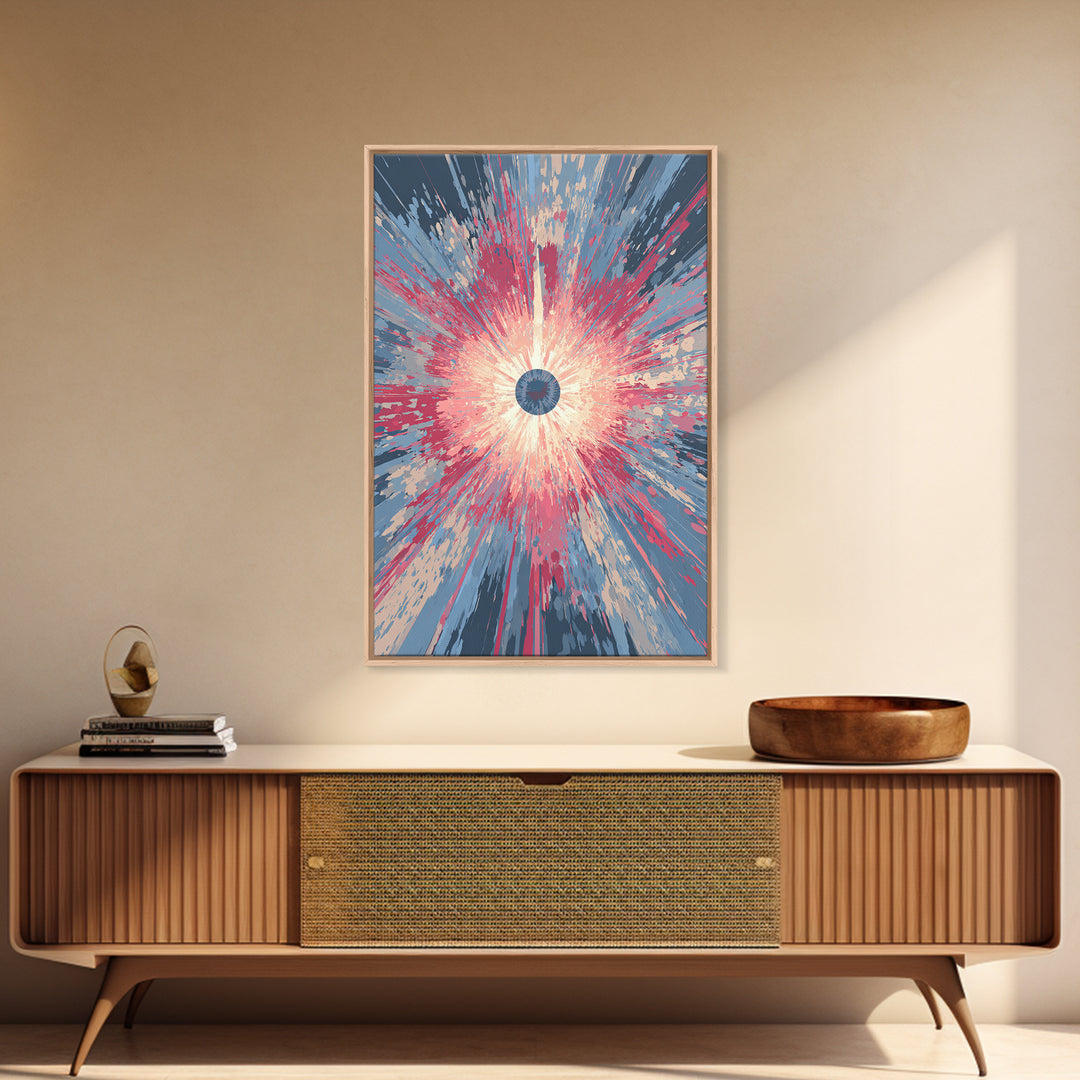 Pink Blue Exploding Starburst With Soft Rays Canvas Print, Modern Abstract Art, Colorful Wall Art, Trendy Home Office Decor