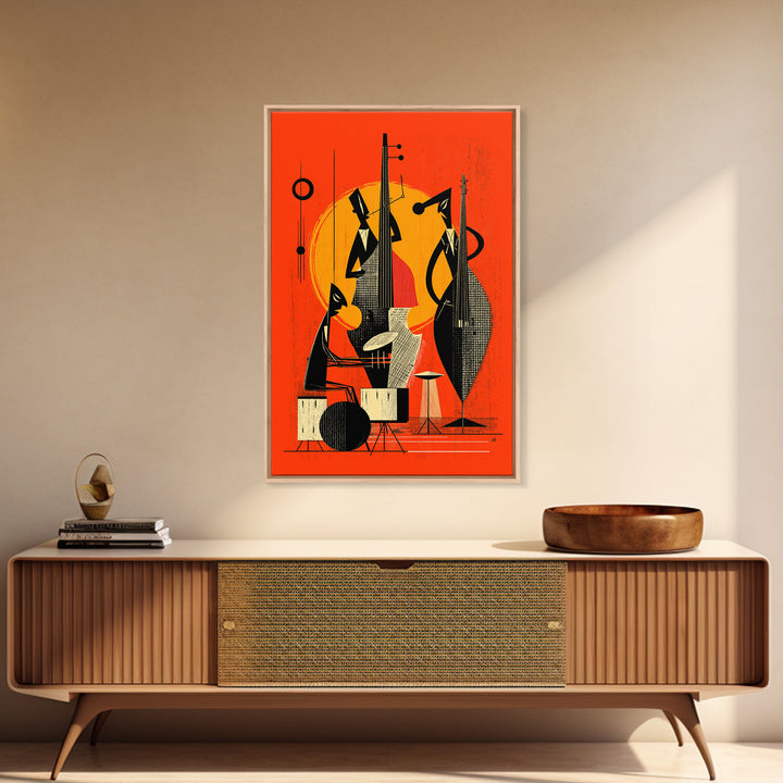 Orange Midcentury Jazz Musicians, Canvas Print, Mid Century Modern Wall Decor, Atomic Abstract Art Poster, Bold Mcm Artwork