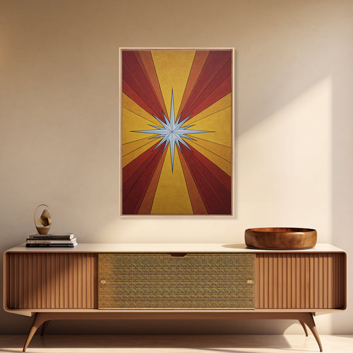Red Gold Compass Star Canvas Print, Midcentury Modern Art, Atomic Retro Poster, Geometric Wall Decor, 1960s MCM Print Gift