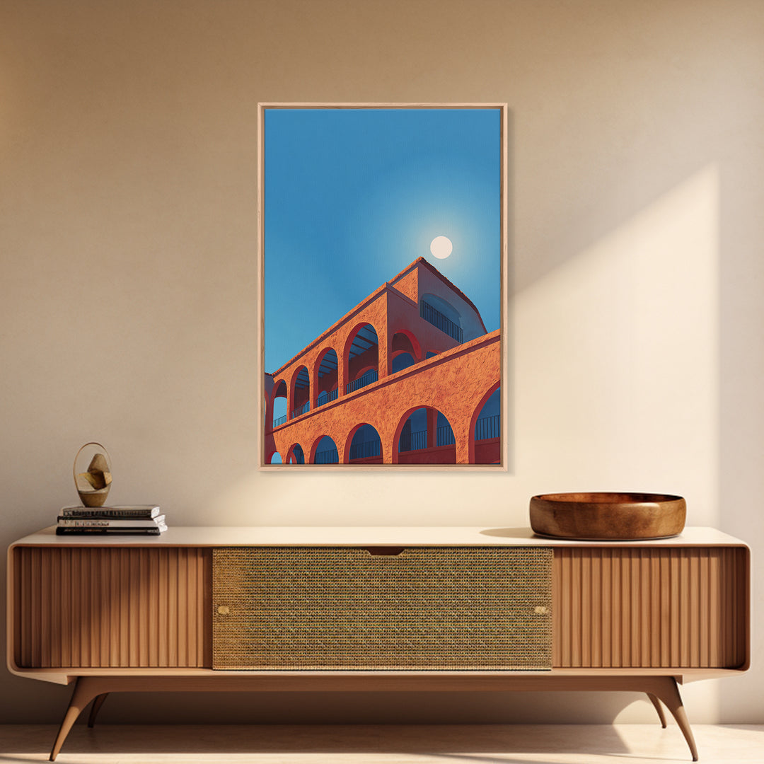 Terracotta Arcade With White Sun Wall Art, Modern Architectural Art, Palm Springs Decor, Orange Blue Travel Poster, MCM Print