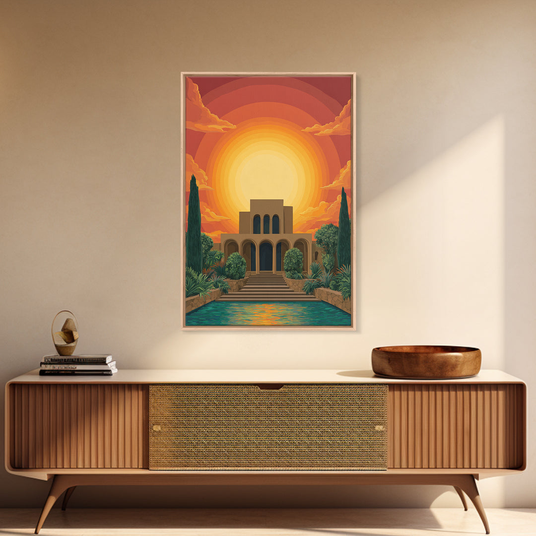 Art Deco Villa Sunset Canvas Print, Midcentury Modern Wall Art, Orange Sun Poster, Tropical Garden Living Room Decor Print