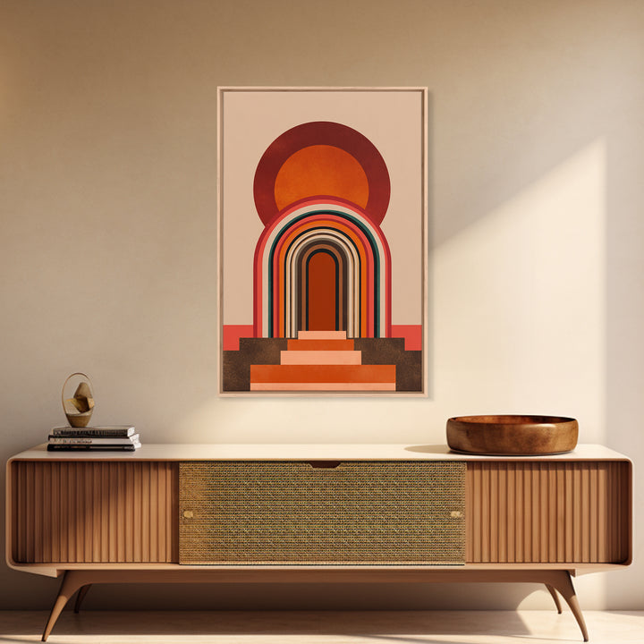Layered Rainbow Arch Doorway Wall Art, Midcentury Abstract Poster, Geometric Wall Decor, 70s Art Print, Warm Orange MCM Style