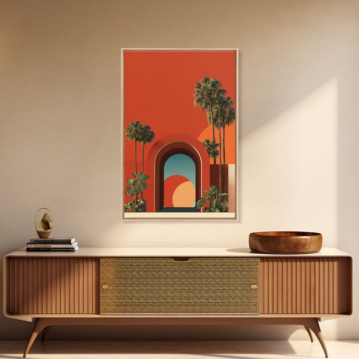 Red Orange Palm Springs Portal Wall Art, Retro Desert Print, Midcentury Modern Decor, Tropical Wall Decor, Bold MCM Poster