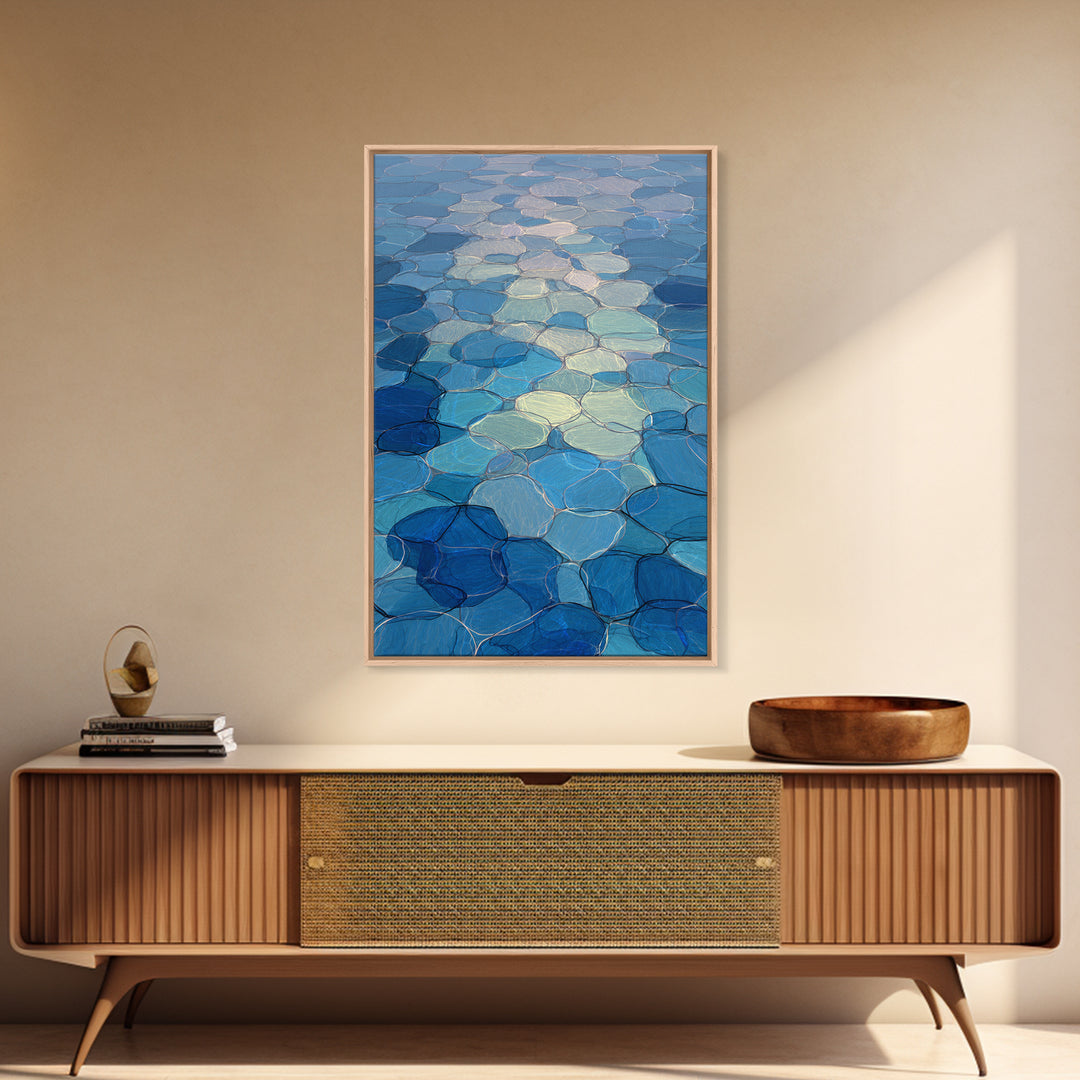 Blue Mosaic Water Path, Framed Canvas Print, Abstract Wall Art, Coastal Modern Decor, Calm Geometric Art For Bedroom And Home