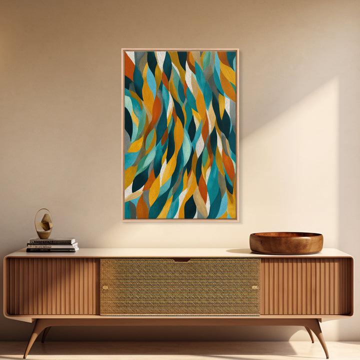Layered Teal Mustard Leaf Abstract Wall Art, Mid Century Modern Canvas Print, Retro Geometric Statement Living Room Decor