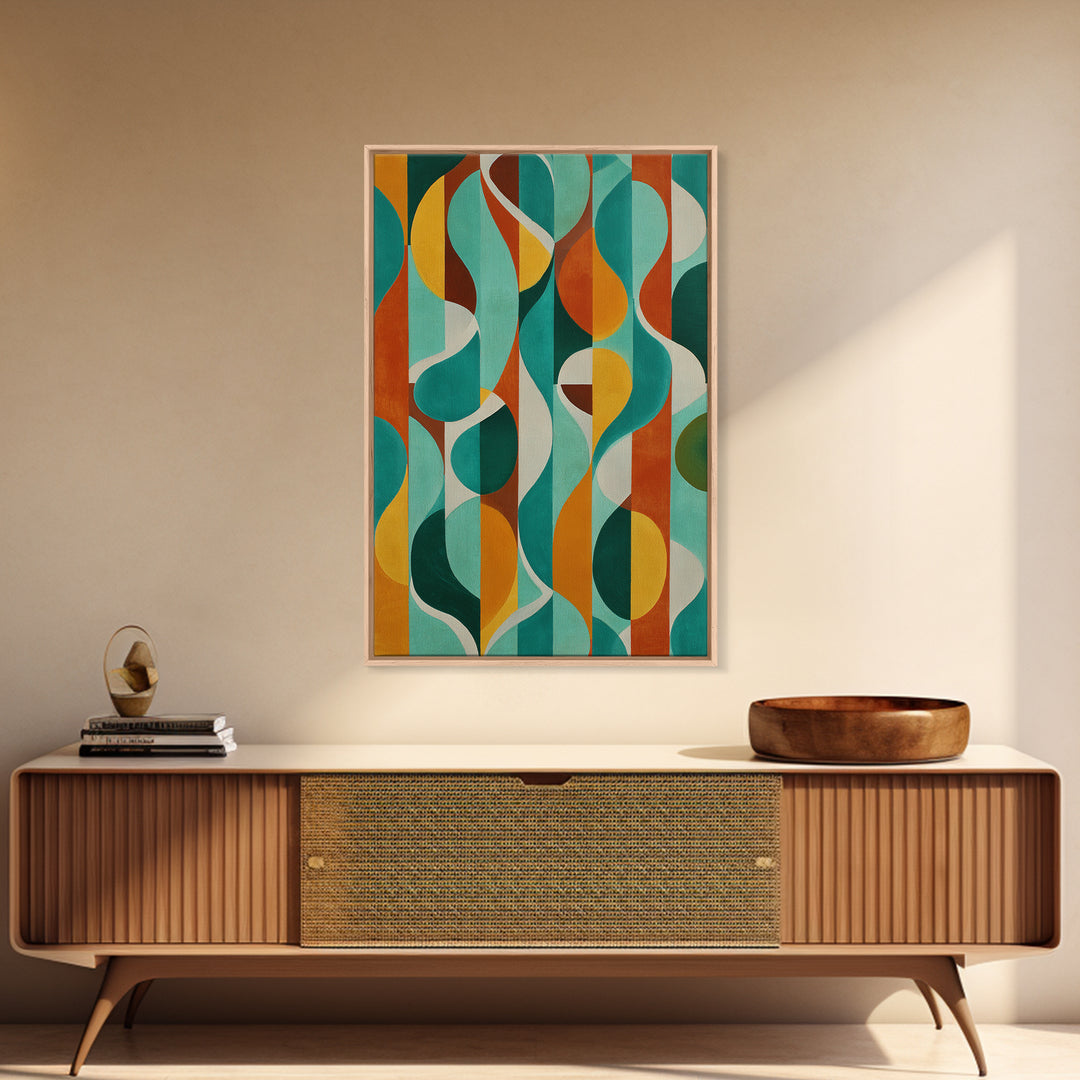 Teal Orange Circle Stripe Canvas Print, Mid Century Modern Wall Art, Bold Geometric Abstract Living Room Retro Home Decor