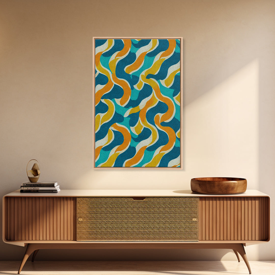 Wavy Teal Gold Ribbon Abstract Wall Art, Mid Century Modern Canvas Print, Retro Geometric Pattern Bedroom Living Room Decor