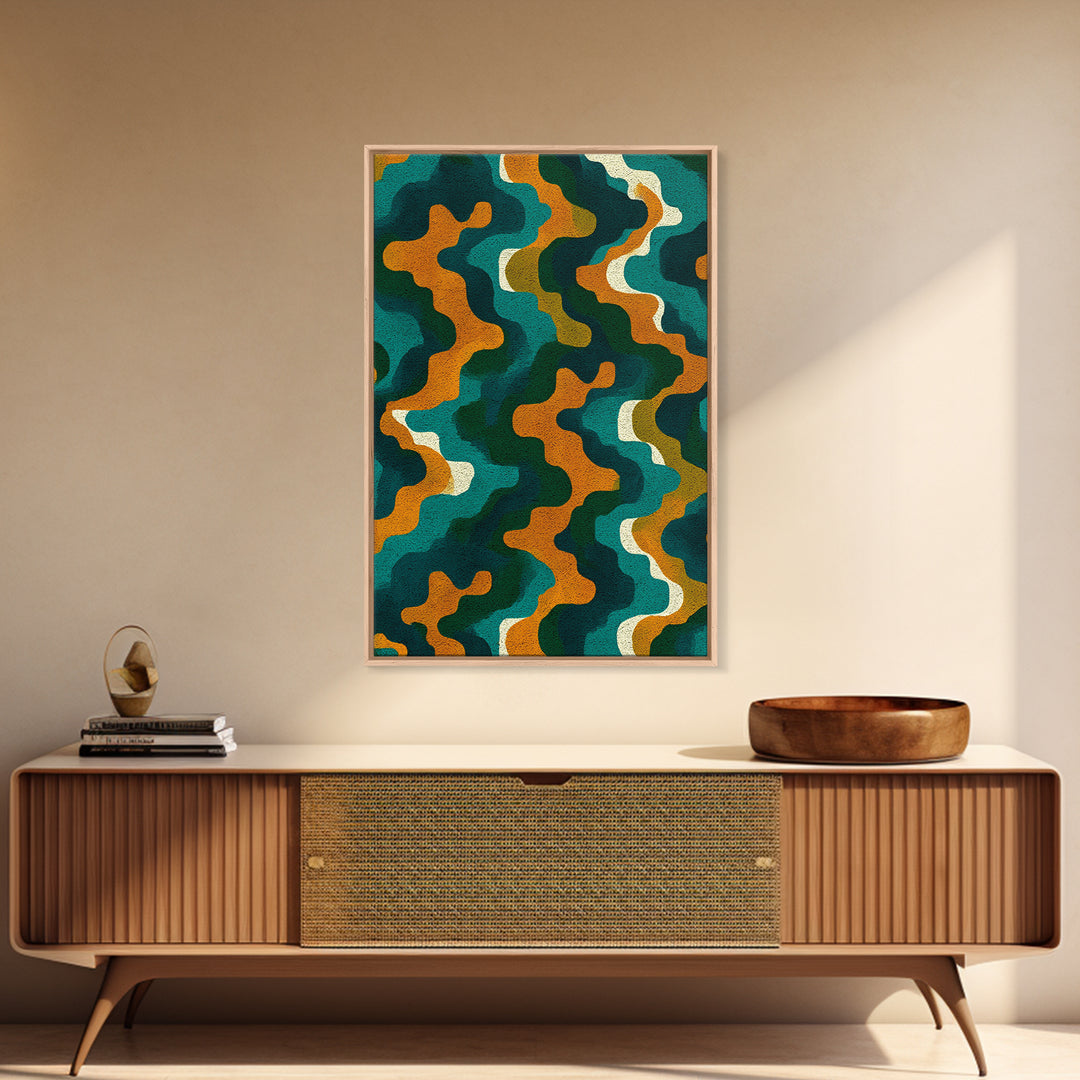 Organic Teal Orange Wave Abstract Wall Art, Mid Century Modern Canvas Print, Retro Groovy Funky Pattern Living Room Decor