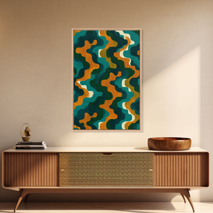 Organic Teal Orange Wave Abstract Wall Art, Mid Century Modern Canvas Print, Retro Groovy Funky Pattern Living Room Decor