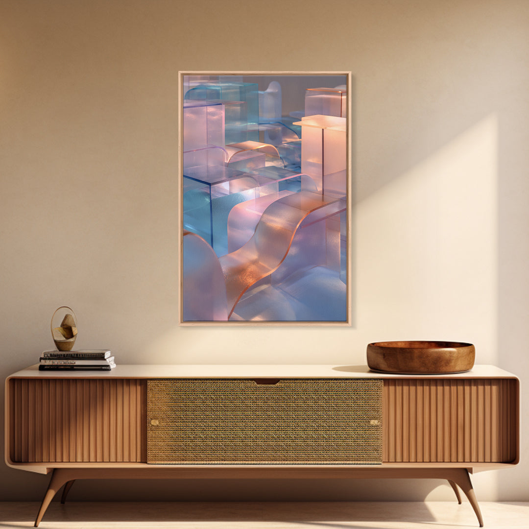 Pastel Glass City Blocks, Canvas Print, Modern Abstract Art, Architectural Wall Decor, Soft Blue Pink Home Office Artwork