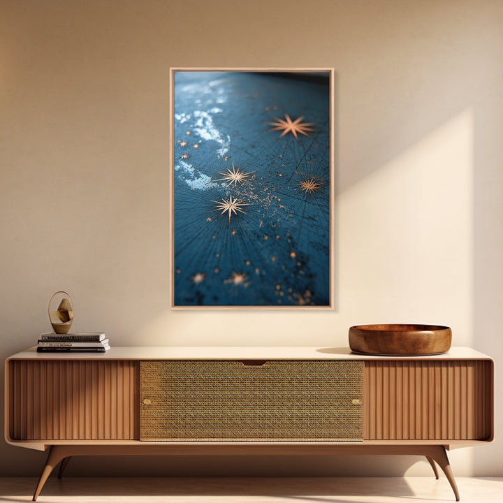 Gold Starburst Night Sky Wall Art, Blue Celestial Abstract Print, Midcentury Modern Decor, Bedroom And Living Room Decor