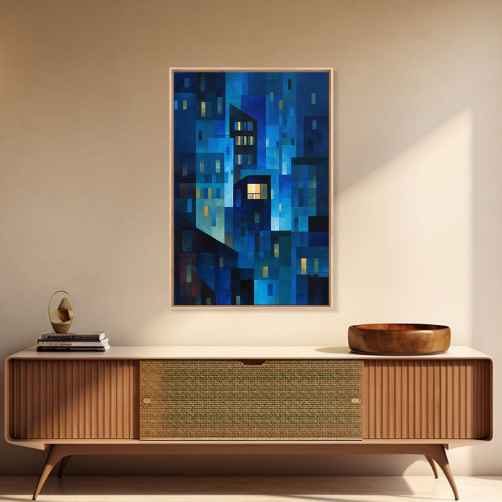 Abstract Blue City Blocks Wall Art, Geometric Night Buildings Print, Midcentury Modern Decor, Contemporary Living Room Art