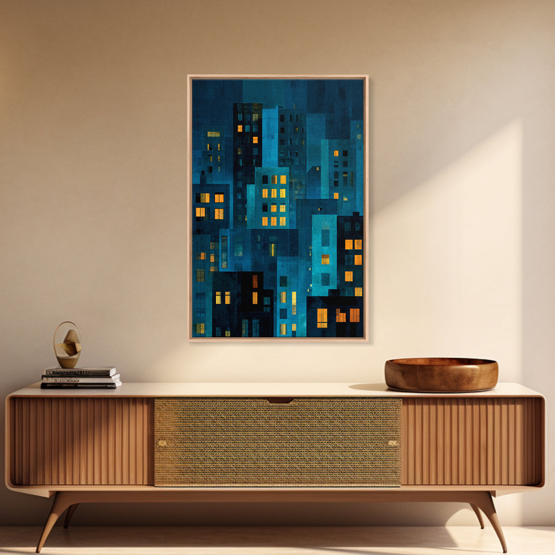 Moody Blue Urban Skyline Wall Art, Abstract City Windows Print, Midcentury Modern Wall Decor, Office And Living Room Poster