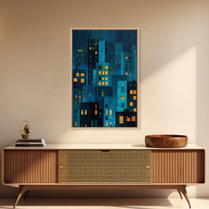 Moody Blue Urban Skyline Wall Art, Abstract City Windows Print, Midcentury Modern Wall Decor, Office And Living Room Poster