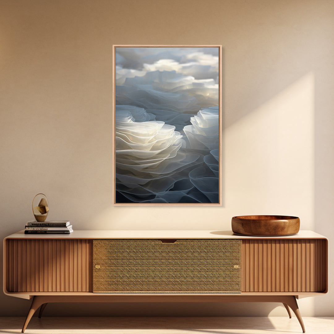 White Layered Petal Waves, Framed Canvas Print, Minimalist Wall Art, Neutral Abstract Decor, Soft Botanical Modern Artwork