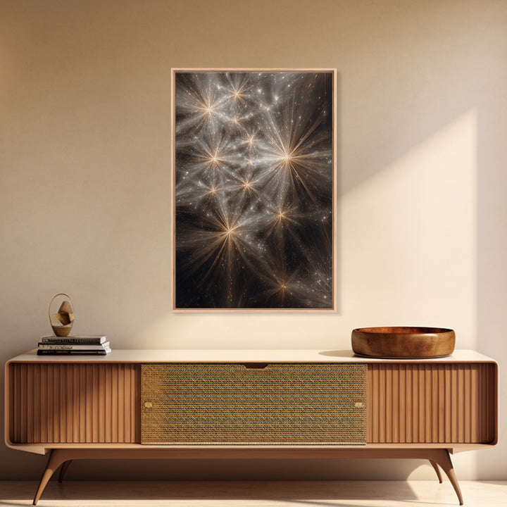 Golden Cosmic Starburst Network Framed Canvas Print, Space Abstract Art, Modern Wall Art, Statement Wall Decor, Luxury Home Decor
