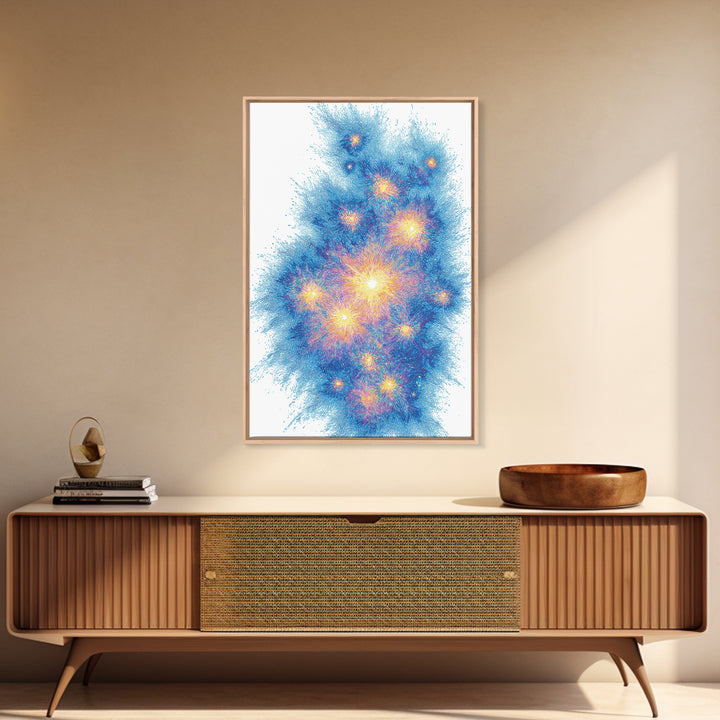 Blue Gold Particle Burst Abstract Wall Art, Modern Digital Art Print, Space Abstract Art, Colorful Poster, Home Office Decor